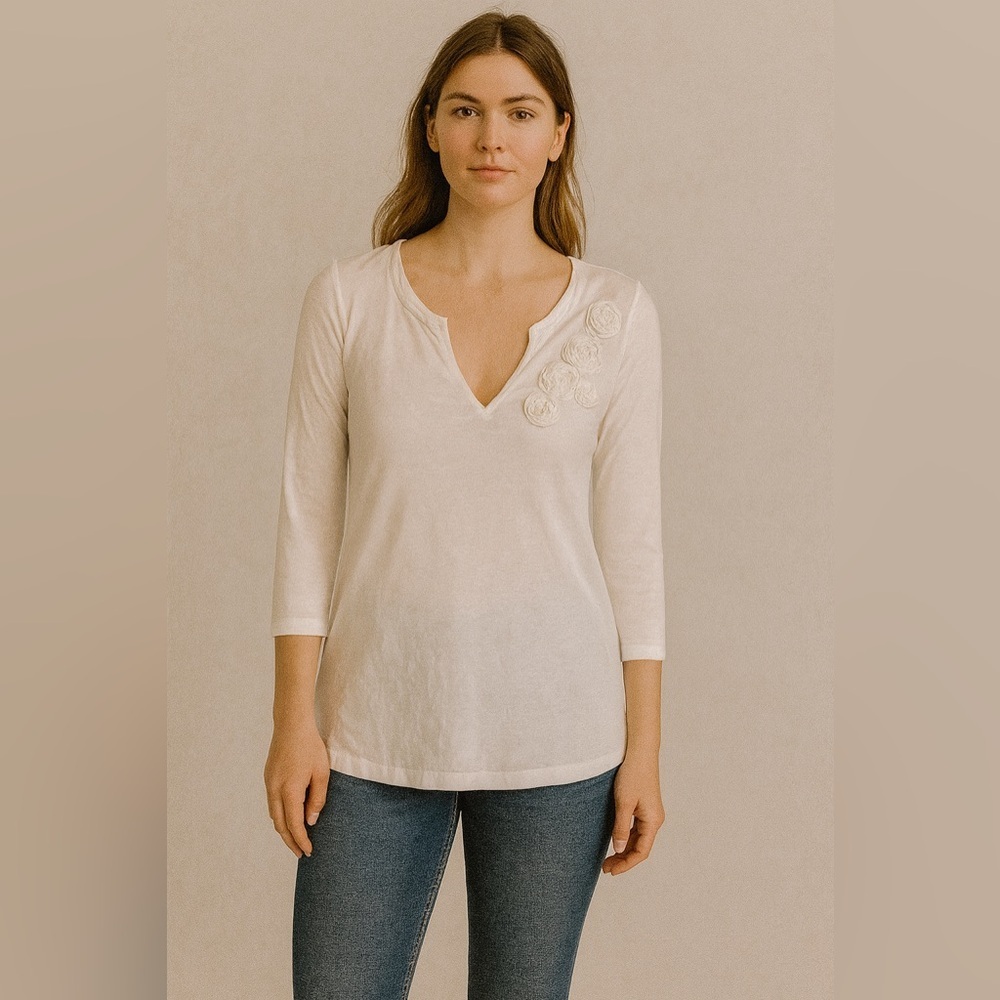 Gerard Darel Luxury Designer 3/4 Length Silk & Cotton Top with Rosettes sz S‍‍‍‍